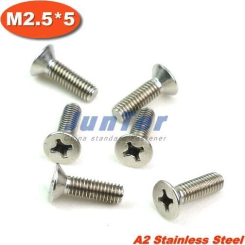 100pcs/lot DIN965 M2.5*5 Stainless Steel A2 Machine Phillips Flat Head (Cross recessed countersunk head screws) Screw