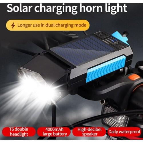 4000mAh Solar USB Charging LEDRainproof Bicycle Headlight With Horn Mobile Power Flashlight Bicycle Accessories CyclingeQuipment