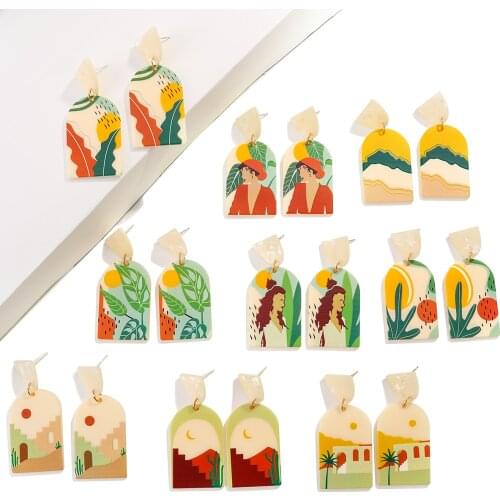 AENSOA 23 Designs Fashion Multi-Type Geometric Acrylic Drop Earring Colorful Graffiti Simulated Polymer Clay Plant Print Earring