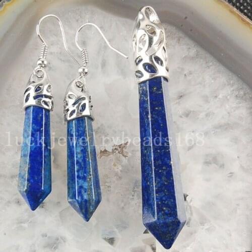 Free Shipping Women Fashion Jewelry Genuine Lapis Lazuli Hexagonal Pointed Reiki Chakra Pendant Earrings Set C3145