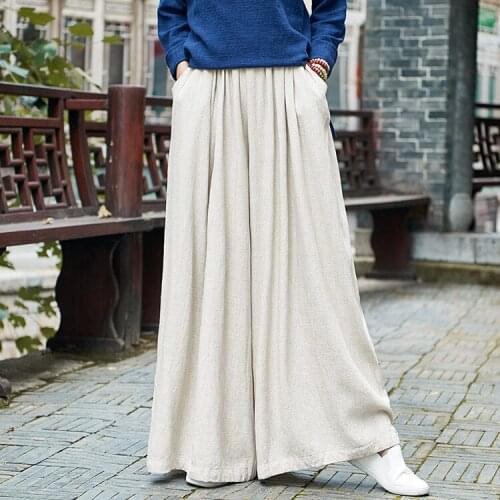 Women Autumn Loose Cotton Linen Elastic Waist wide leg Pants Ladies Plus Size Retro Wide Let Trousers Female 2019 Spring Vintage