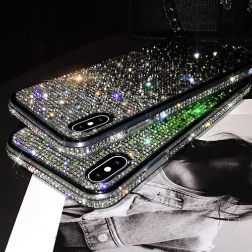 For iPhone 11 Pro Max X XS Max XR 6 7 8 Plus 12 Case Glitter Rhinestone Bling Gradient Diamond Back Cover Sparkling Bumper Frame