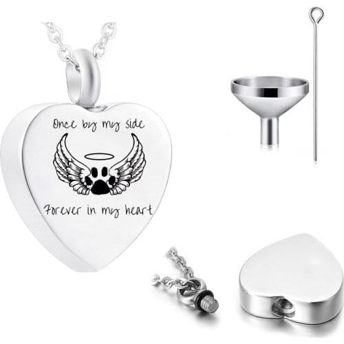 Cremation Heart Jewelry Stainless Steel Urn Box Dog Paw Angel Wing Pet Small Ashes Souvenir with Filling Kit and Gift Velvet Bag