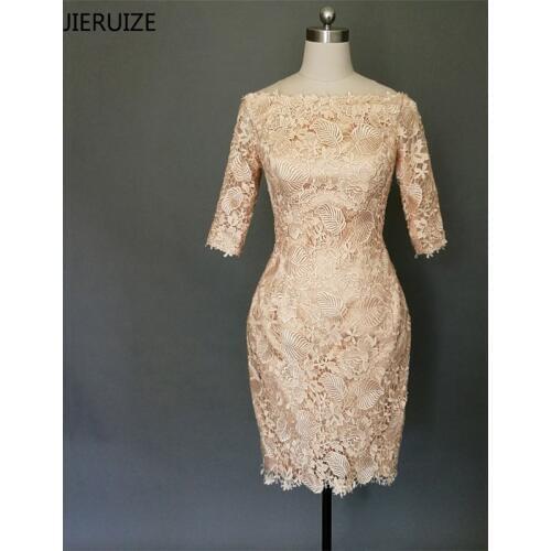 JIERUIZE Champange Lace Mother of the Bride Dresses Knee Length 3/4 Sleeves Formal Dresses Evening Dresses abendkleider