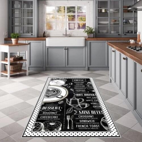 Kitchen Rug Decorative Black White Slip-Resistant Faux Leather Based Stain resistant Foal Feather Fabric Machine Washable Carpet