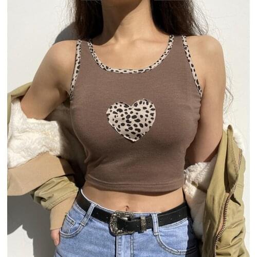 Summer Women Shoulder Strap Tanks Brown Top Leopard Printed Heart Brown Female Knitted Polyester Camisole O Neck Mini Vest