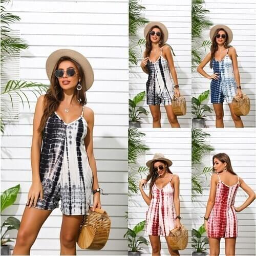 Fashion Gradient Dye Tie Printed Jumpsuits Summer V-Neck Spaghetti Strap Rompers Female Wide Leg Playsuits Overalls Short Pants