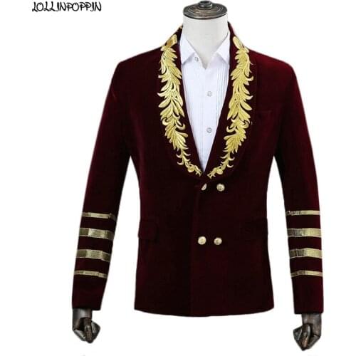 British Style Floral Embroidery Shawl Collar Men Double Breasted Suit Jacket 2021 New Stage Costume Male Velvet Coat