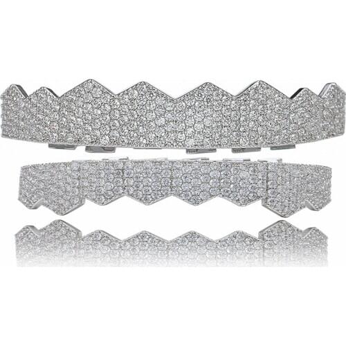 Iced Out Gold Silver Color Teeth Grillz Micro Pave Cubic Zircon Top & Bottom Teeth Grills Set Hip Hop Men Jewelry Gifts