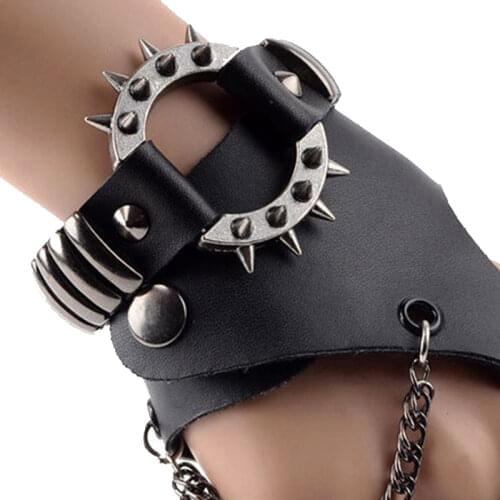 Punk Rock Style Man Spike Glove With Chains Gothic Men Women Bracelet Glove Steampunk PU Leather Cuff-One Glove Mittens Unisex
