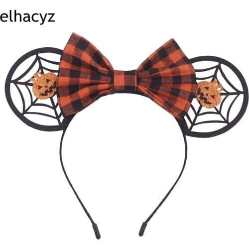 1PC Halloween Spider Web Mouse Ears Hairband For Women Girls Glitter Felt Plaid Bow Cartoon Pumpkin Pads Headband Hair Accessory