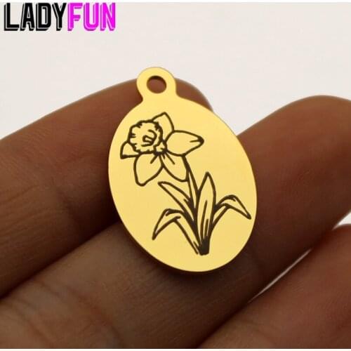 Birth Month Flower March DAFFODIL Charm Stainless Steel Birth Flowers Charms High Polish Mirror Surface Pendant 10pcs/lot