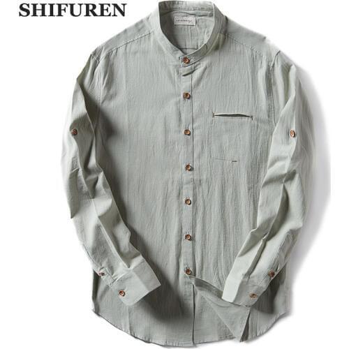 SHIFUREN Mandarin Collar Men Causal Shirts Long Sleeve Loose Breathable Cotton Linen Dress Shirts Single Breasted Male Shirts