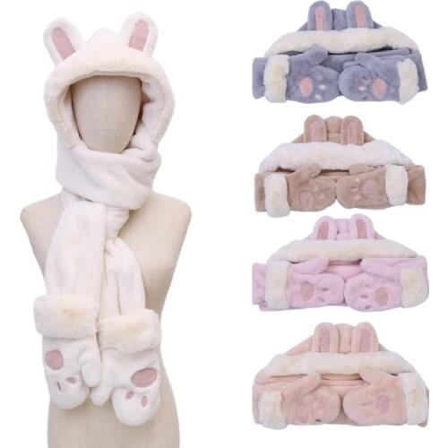 2021 Fashion Winter Women Novelty Beanies Caps Warm Cute Rabbit Ear Hat Casual Plush Hat Scarf Gloves Set Casual Women Caps gift