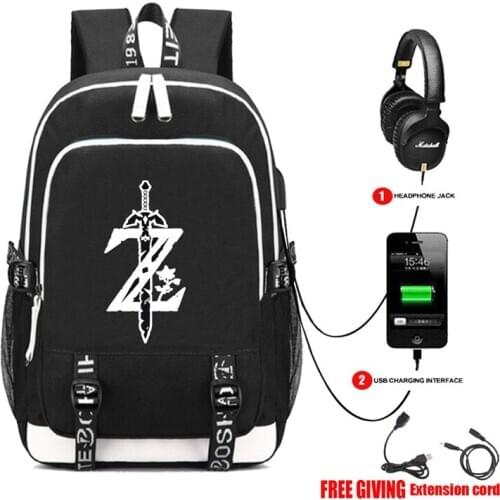 Legend of Link Shield Book bag Rucksack Student School Bag For Boys Girls Travel Backpack USB Port Mochila Black Backpack