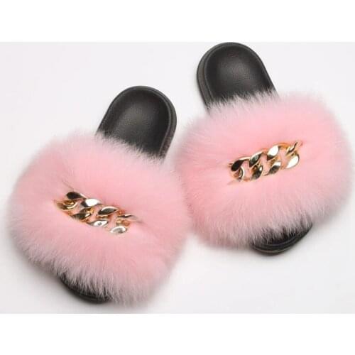 Real Fox Fur Slides For Women Summer New Chain Furry Shoes Fluffy Plush Raccoon Fur Slippers Female Home Flat Non-slip Sandals