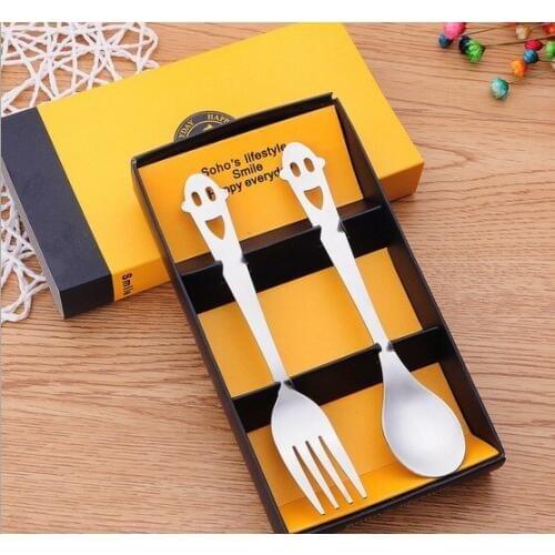 1SET S/Steel Happy Smiling Face Tableware Two Pieces/set Chopstick Spoon Cutlery Dinnerware with Gift Box Flatware Set KV 082