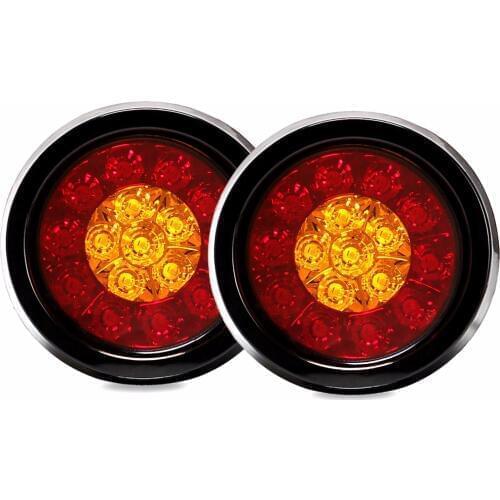 Fuleem 2PCS 4Inch Round LED Amber Red Taillights with Rubber Grommet 16LED 12V Stop Brake Running Reverse Backup Light For Truck