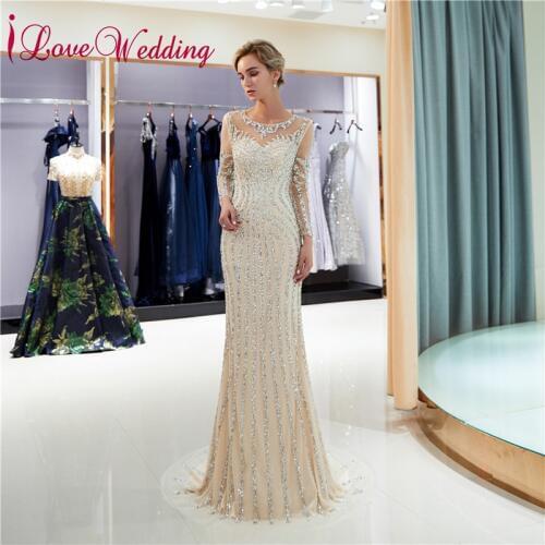 Formal Gown Luxury Evening Dresses Sheer Neck Beaded Long Sleeves Custom made Trumpet Champagne Long Party Gown 72698