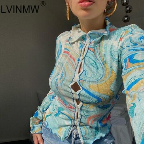 LVINMW T Shirt Edible Tree Fungus Vintage Slim Lapel Long Sleeve Top Hollow Out Sexy Fashion Autumn Tees Corrugated Print Casual
