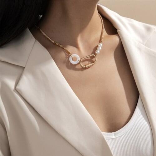 Hip Hop Punk Oval Imitation Pearls Necklace Vintage Geometric Round Necklace for Men Women Neck Gothic Jewelry