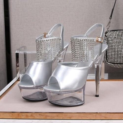 2021 New Summer Crystal Tassels High Heels Shoes Women 13CM 15CM Female Patent Leather Transparent Platform Sandals WS0371