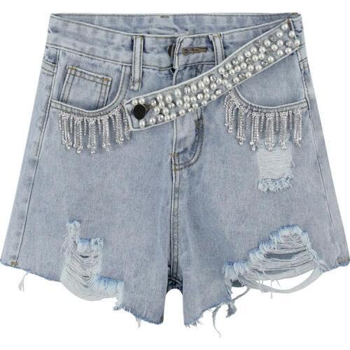 2019 Summer Sexy High Waist Shorts Women Harajuku Tassel and Pearl Belt Denim Short Shorts Hole
