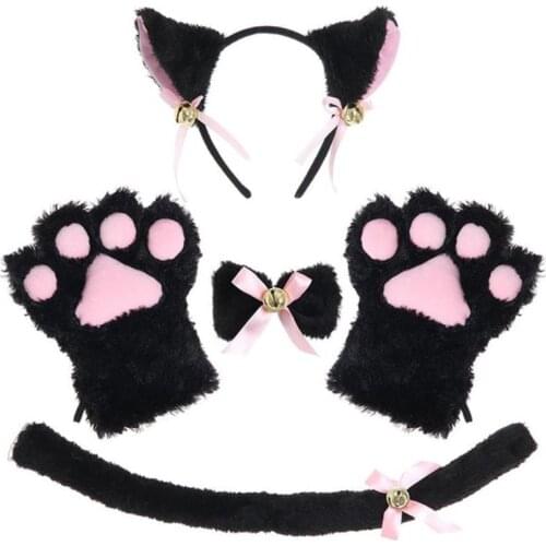 Women Lady Cat Kitty Maid Cosplay Costume Set Plush Ear Bell Headband Bowknot Collar Choker Tail Paws Gloves Anime Lolita Props