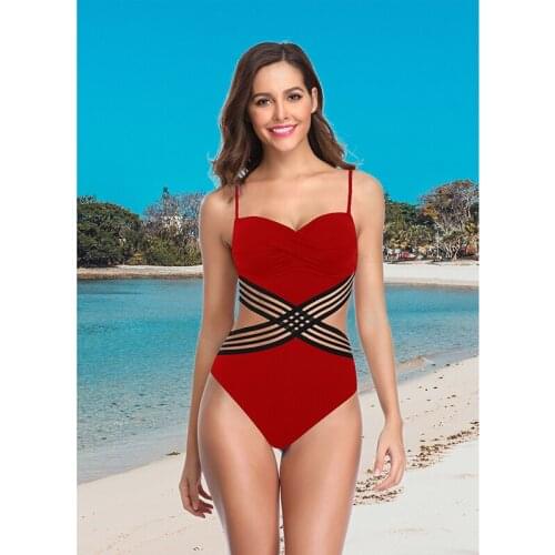 Womens Sexy Sleeveless Thin Straps V-Neck Open Back Color Matching Design Mesh Elastic Slim One-Piece Swimsuit Beach