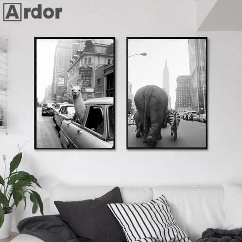 Animal Alpaca Elephant Zebra Animal Poster Black White Canvas Paintings In New York City Wall Art Print Nordic Living Room Decor