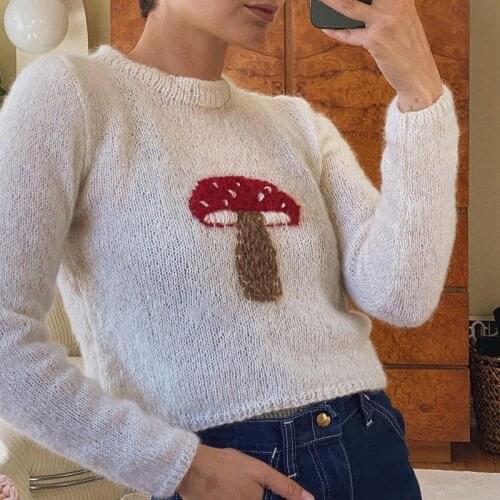 White Sweater Mushroom Cute Slim Simple Pullovers Casual Street Daily Girls O Neck Long Sleeve Top Short Fashion Kawaii Top Cute