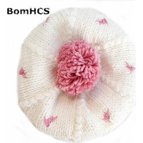 BomHCS 100% Handmade Knitted Beanie Hat Cap Pink Dot Simple White Cute Women Winter Warm Fashion Hat