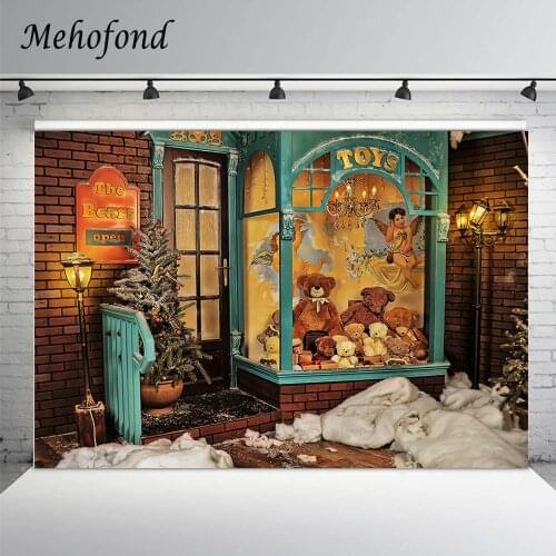 Mehofond Winter Christmas Photography Backdrops Bear Toys Shop Brick Wall Children Portrait Photo Background Studio Photophone