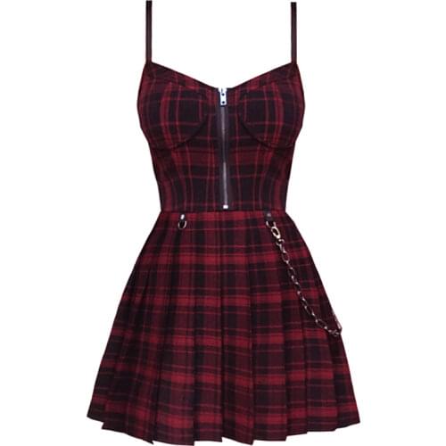 Gothic Girls Sexy Sling Dress Preppy Style Summer Red Balck Pleated Plaid Women Sleeveless Mini Short Dress Punk Streetwear
