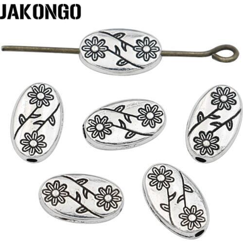 JAKONGO Oval Flower Spacer Beads Antique Silver Plated Loose Beads Jewelry Making Bracelet Accessories DIY 40pcs/lot