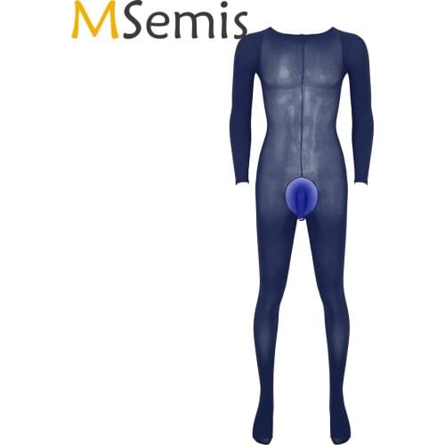 Men Long Sleeve Bulge Pouch Stretchy Bodystocking Sissy Nightwear Solid Color Round Neck Bodysuit See-through Leotard Jumpsuit
