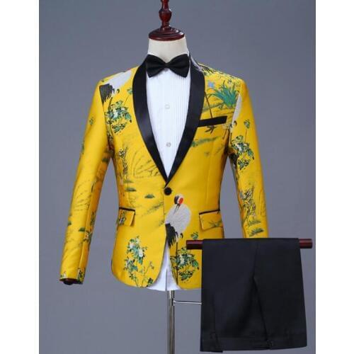 Chorus printing wedding suits for men blazer boys prom mariage suits fashion slim masculino latest coat pant designs yellow