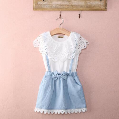 PUDCOCO Hot 2pcs Newborn Baby Girl Solid Ruffles Tops T-shirt Denim Strap Dress Outfit Summer Casual Cute Clothes Set 2-7Y
