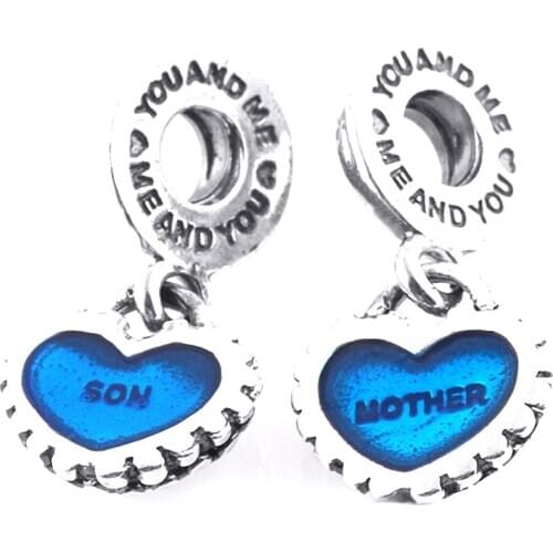 Mother & Son Charm 925 Sterling Silver Piece of My Heart ,Turquoise enamel Beads for Jewelry Making Gift for Women DIY 02W178