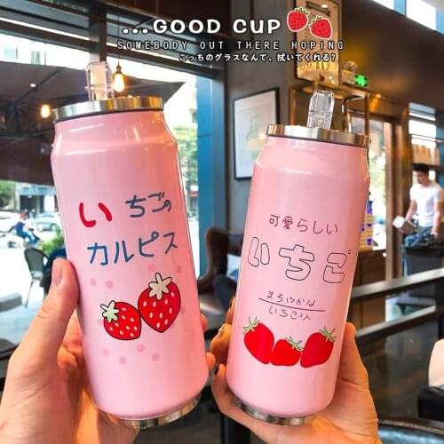 Cute Strawberry Insulated Water Bottle 500ml Japanese kawaii Stainless Steel Thermos Wide Mouth Cup Travel Bottle
