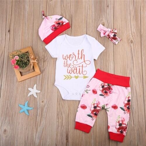 Fashion 4pcs Girl Clothes Set Newborn Infant Baby Girls Worth the Wait Floral Romper Leggings Outfit Clothes