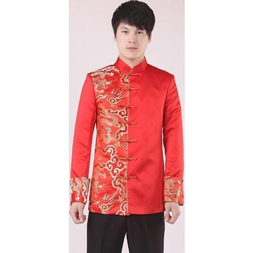 Mens Traditional Chinese Wedding Dress Tang Suit Red Jacket Coat Party Stage Singer Wedding Grooms Vintage Clothing Jacket Tops