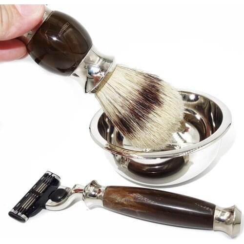 WLONG Natural Boar Bristle Soap Bowl Grooming Set with Faux Tortoiseshell Resin Handle Holder for Men Personal Care Kit