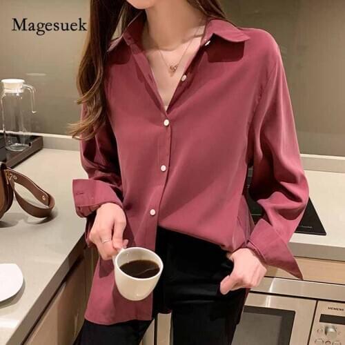 New Korean Autumn Elegant Lapel Blouse Women 2021 Long Sleeve Button Shirt Solid Wild Tops Straight Office Lady Clothes 10615