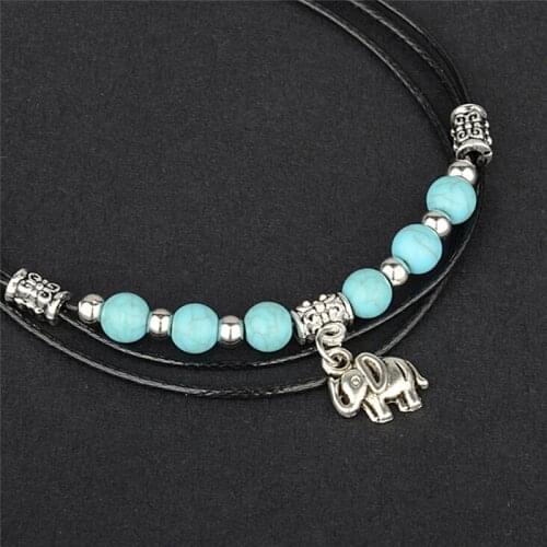 New Fashion Beach Jewelry Elephant Pendant Beads Anklet Foot Leather Chain Ankle Bracelet Jewelry For Women