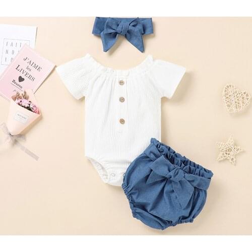 Newborn Infant Baby Girls Solid Ribbed Romper Shorts Hairband Outfits Set Girls Clothes