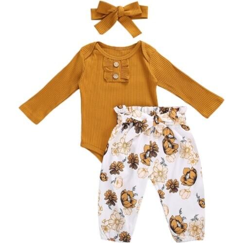 3PCS Baby Autumn Clothes Solid O-Neck Long-Sleeves Rompers Top+Floral Prints Tie-Waist Pants+Bowknot Headband for Girl 0-18M