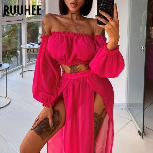 RUUHEE 2 Piece Dress Bikini Cover Ups Solid White Mesh Sexy Summer Beach Wear Sarong Bathing Suit Wear Tunic Two Piece Dress