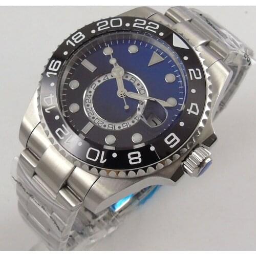 Solid BLIGER 43MM Black Blue Dial Black Ceramic Bezel GMT Indicator Sapphire Glass Luminous Automatic Movement Mens Watch B221