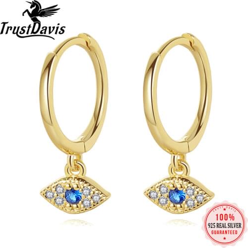 Trustdavis Real 925 Sterling Silver Jewelry Mini Blue Zircon Evil Eyes Earring Pendant Small Stud Earrings For Women Femme Gift